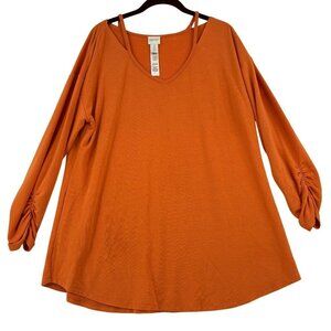 Chico's Zenergy Knit Top Size XL Orange Split V Neck Long Ruched Sleeves Stretch
